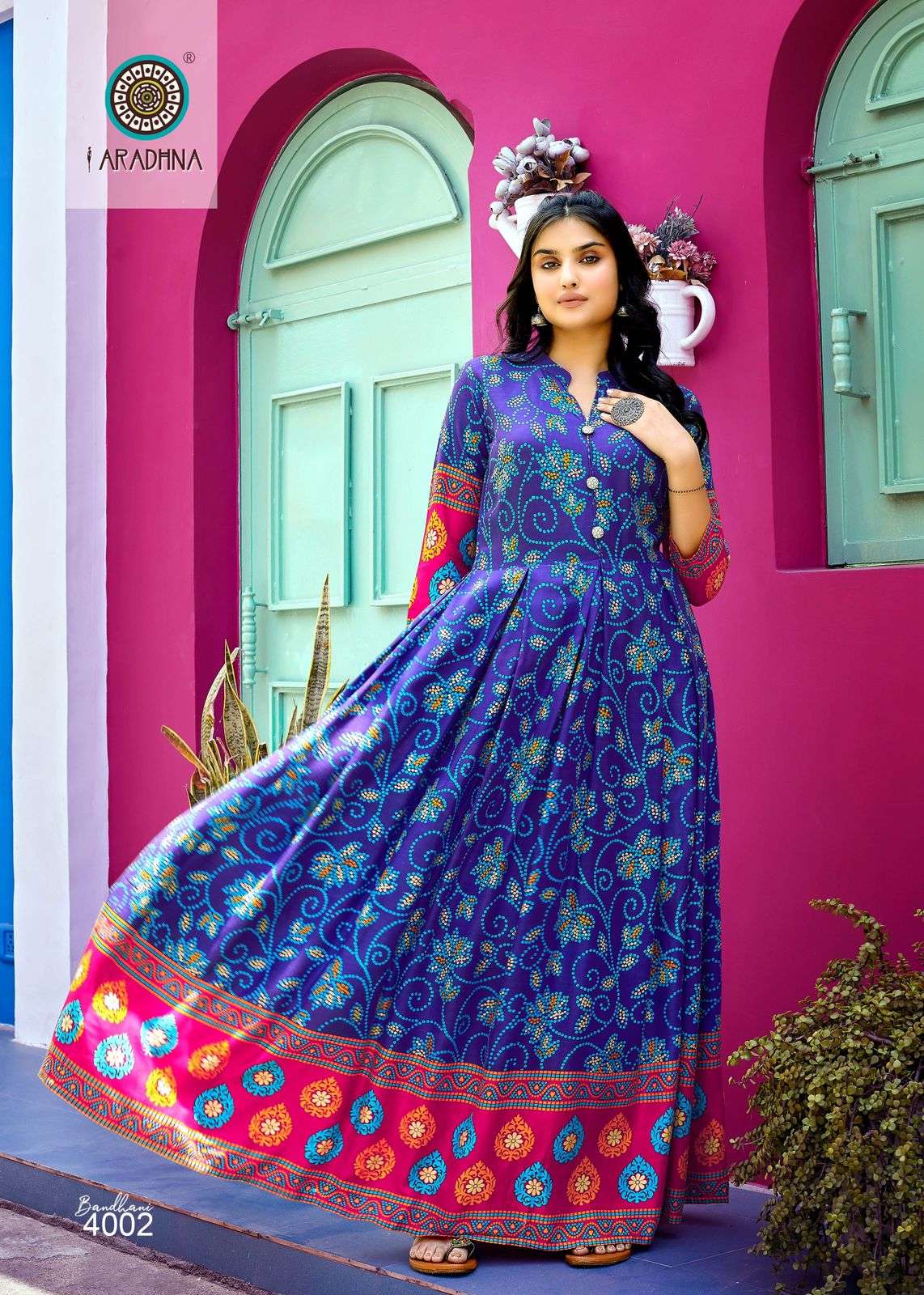 BANDHANI VOL 4 RAYON BANDHANI PRINT EMBROIDERY WORK LIVA TAG LONG GOWN KURTI BY ARADHNA BRAND 4002